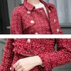 Autumn Winter Women Gold Double-breasted Tweed Short Jacket Coat + Bodycon Skirt Tassels 2PCS Clothing Set Red Plaid Suit 210416