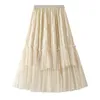 Surmiitro Summer Long Tulle Skirt Kvinnor Koreansk stil Mesh Lace Patchwork Hög midja Estetisk Midi Pläterad Kjol Kvinna 210712