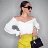 Women Sexy Smocking White Tee Shirt Puff Long Sleeve Ruched Criss-cross Off Shoulder Crop Top Spring TShirts 210517