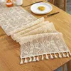 Pastoral Style Crochet Knit Hollow Table Cloth Lace Stitching Widening Tassel Runner Boho Decoration Home Decor 210628