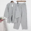 Japanese Style Pajamas Cotton Linen Stripe Bathrobe Homewear Sleep Yukata for Adult Summer Thin Robe Clothing Pant Set 210330