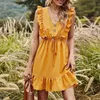 Винтаж без рукавов Ruffled летнее платье для женщин повседневная Boho Beach Style Mini V-образным вырезом розовый сарафан плюс размер 210427