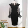 Women Bodycon Dress Mesh Patchwork Long Lantern Sleeves Elegant Classy Office Ladies Vestidos Sheath African Fashion Plus Size 210416