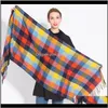 Kapelusze, Rękawice Moda Aessories Drop Dostawa 2021 Plaid Zima Kaszmir Kaszmirowy Szalik Kobiety Neck Head Scarves Casual Długi Tassel Szaliki Dla Panie