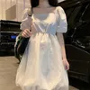 Japonês Lolita Tutu Dress Mulheres Princesa Preto Cintura Alta Gótico Mini Puff Branco Lace Malha Malha Ruffle Doce 210421