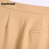 aachoae女性のハイウエストの堅いズボンプリーツの全長鉛筆のズボン女性ジッパーフライカジュアルズボンPantalones Mujer Q0801