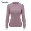 Rüschen gestrickter Damenpullover mit gestreiften ausgestellten Ärmeln und Knöpfen für Damen, Slim-Fit-Damen-Rollkragenpullover 210414