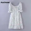 Doce Floral Print Mini Mulheres Laço Laço Sexy Split Bodycon Dress Senhoras Sprezas Puff Manga Curta Chic Vestidos De Partido 210413