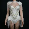 White Mesh Gauze Bodysuit Women Rhinestones Pearl Rivet Embellished Beaded Costume Nightclub Dance Show Wear Bar Club Stage