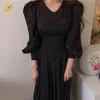 Moda Coreia Chic Primavera Elegante Dot Dot Dot Vestido Vintage Lanterna Sleeve Slim Cintura Lace-Up Dresses Vestidos 210520