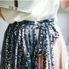 Women Chiffon Pink Blue Geometric Patchwork Print Empire A Line Ruched Long Skirt Lace Up Female S0216 210514