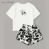 JULY'S SONG Summer Pajamas Set Cow Print For Women Short Sleeve Shorts Sleepwear Cotton Cute Girls Cartoon Casual PJ Set 210622