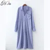 H.SA Длинные полосатые рубашки платье для женщин весна корейских повседневных карманов Свободные Vestidos Split Big Blue платья 210417