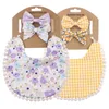 2 Sets/Lot Flower Print Embroidery Baby Bibs Headbands Bow Tie Scarf Bandana Double Side Toddler Saliva Towel Feeding Burp Cloth 211117