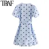 TRAF Mulheres Chic Moda Polka Dot com cinto Envoltório Mini Vestido Vintage V Neck Slow Sleeve Vestidos Femininos Vestidos Mujer 210415