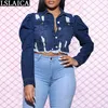 Denim Ceket Kadın Moda Uzun Kollu Turn-down Yaka Bayan Kısa Mont Sonbahar Artı Boyutu Rahat Kamuflaj Kırpma Tops Streetwear 210520