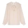 Mode Femmes Blouses À Manches Longues Élégant Casual Tops Et Bow Mousseline De Soie Solide Beige Dames 5323 50 210506