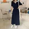 Yitimuceng Dresses for Women High Waist short sleeve Unicolor Blue Sundress Summer Korean Fashion Preppy Style Maxi Dress 210601