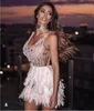 2021 Short Prom Dresses Deep V Neck Spaghetti Strap Beaded Side Slit Feather Special Occasion Evening Gowns