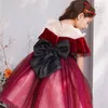 Tjej Vin Röd Velvet Party Dress Kids Prinsessan Es Gaze Puff Sleeve Utför balsalskläder E94 210610