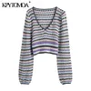 Women Fashion Color Striped Cropped Knitted Sweater V Neck Lantern Sleeve Female Pullovers Chic Tops 210420