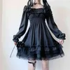 Japoński Lolita Style Kobiety Księżniczka Czarny Mini Dress Slash Neck High Waist Gothic Puff Sleeve Lace Ruffles Party ES 210520