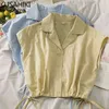 Koreanische ärmellose gekerbte Kragenbluse Tops Kordelzug schlanke Taille kurzes Hemd Frauen Sommer Blusas Mujer 6J661 210603