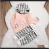 Satser Baby Maternity Drop Leverans 2021 Småbarn Born Baby Boy Girl Clothes Långärmad Hooded T-shirt Toppar Striped Pant 2PCS Outfit Kids Clothi