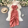 Summer Dinner dress high-quality rhinestone sling party sexy strapless drawstring pleated hip Dress for women Office Lady 210420
