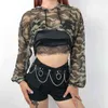 Maglia sexy trasparente con coulisse Felpe mimetiche Estate manica lunga Streetwear Felpa Pullover Crop Tops 210510