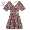 Summer Women's Dress With Belt Floral Print Prairie Chic V Neck Lace Up Slim Dresses Knee-Length Retro Beach Holiday Frcoks 210515