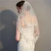 Bridal sleils kort bröllop slöja broderad glitter silver tråd blommig spets trim 2 tier appliqued mesh med kam