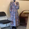 Wiosna Jesień Kobiety Elegancki Rękaw Puff Rękaw Kwiatowy Drukuj Dress Casual Seaside Beach Vintage Bohemia Długie 210423