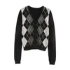 winter argyle knitted cardigans women vintage Korean sweater long sleeven V-Neck s fashion butoon crop 210521