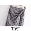 TRAF Women Chic Fashion With Knot Vents Hem Check Midi Skirt Vintage High Waist Back Zipper Female Skirts Mujer 210415