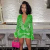 Seksi Baskılı Flare Uzun Kollu Derin V Yaka Elbise İlkbahar Yaz Rahat Moda Sokak Kadın Rrawstring Tulum 210604