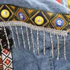 New design women's autumn fashion cool nation ethnic style embroidery bohemia pattern tassel patched denim jeans jacket