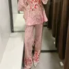 트래프 ZA 여자 넓은 튜브 바지 패션 국립 스타일 누설 허리 꽃 핑크 스트레이트 바지 캐주얼 바지 XX062 Q0801