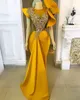Sexy Yellow Aso Ebi Mermaid Evening Dresses Wear Crystal Beads Jewel Neck Cap Sleeves Ruffles Formal Party Gowns Plus Size Prom Dress African Robe De Soir