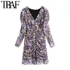 TRAF femmes Chic mode imprimé fleuri à volants plissé Mini robe Vintage à manches longues avec doublure femmes robes Vestidos 210415