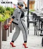 CM.Yaya Patchwork Houndstooth Two 2 Pièces Set pour Femmes Vintage Fitness Outfits Veste + Pantalons Streetwear Tracksuit 210930