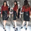 REALEFT Autumn Winter Black PU Leather Elegant Pencil Midi Skirts Pockets High Waist Back Split Sheath Wrap with Belt 210629