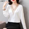 JXMYY Vneck blouse womens early spring style foreign style lace hollow quality wild thin longsleeved chiffon shirt 210401