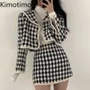 Kimotimo Kobiety Plaid Tweed Set Korean Ins Ins Vintage Sailor Collar Kołnierz Z Długim Rękawem Płaszcz + Wysoka Talia Mini Spódnica Dwie zestawy 211108