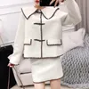 Women Black White Brown Faux Woolen Horn Button Mini Skirt Pencil 2 Two Pieces Set Elegant Winter T0310 210514