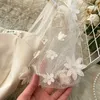 Moda donna coreana collo quadrato manica corta 3D fiore maglia cuciture pacchetto sottile anca vintage Vestido De Mujer vestito R531 210527