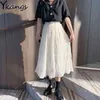 Elegant Pleated Retro Solid Elastic High Waist A-Line Long Skirt Summer Chiffon Office Lady All-Match White Black Women Skirts 210421