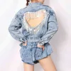 Giacca di jeans con diamanti e nappe patchwork per donna con risvolto manica lunga scava fuori giacche casual moda femminile 210524