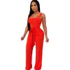Sommarband Sexiga Kvinnor Jumpsuits Fashion Bow Slips Oavsett Loose Solid Long Playsuit Lace Up Sashes Wide Leg Pants 210517