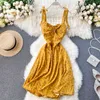 Women's Seaside Holiday Dress Ins Cyber Celebrity Sexy Spaghetti Strap Lacing V-neck Drawstring Fold Waist Floral ML823 210506
